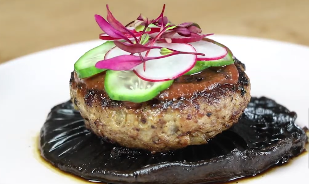 Paleo Worcestershire sauce hamburger steak patties glazed with sauce and served with grilled mushrooms