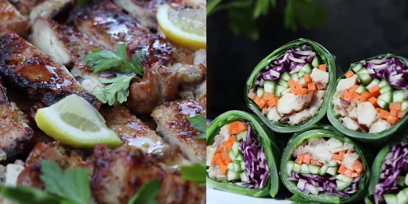 Garlic-roasted paleo chicken thigh steak sliced and wrapped in collard greens with shredded carrot and avocado
